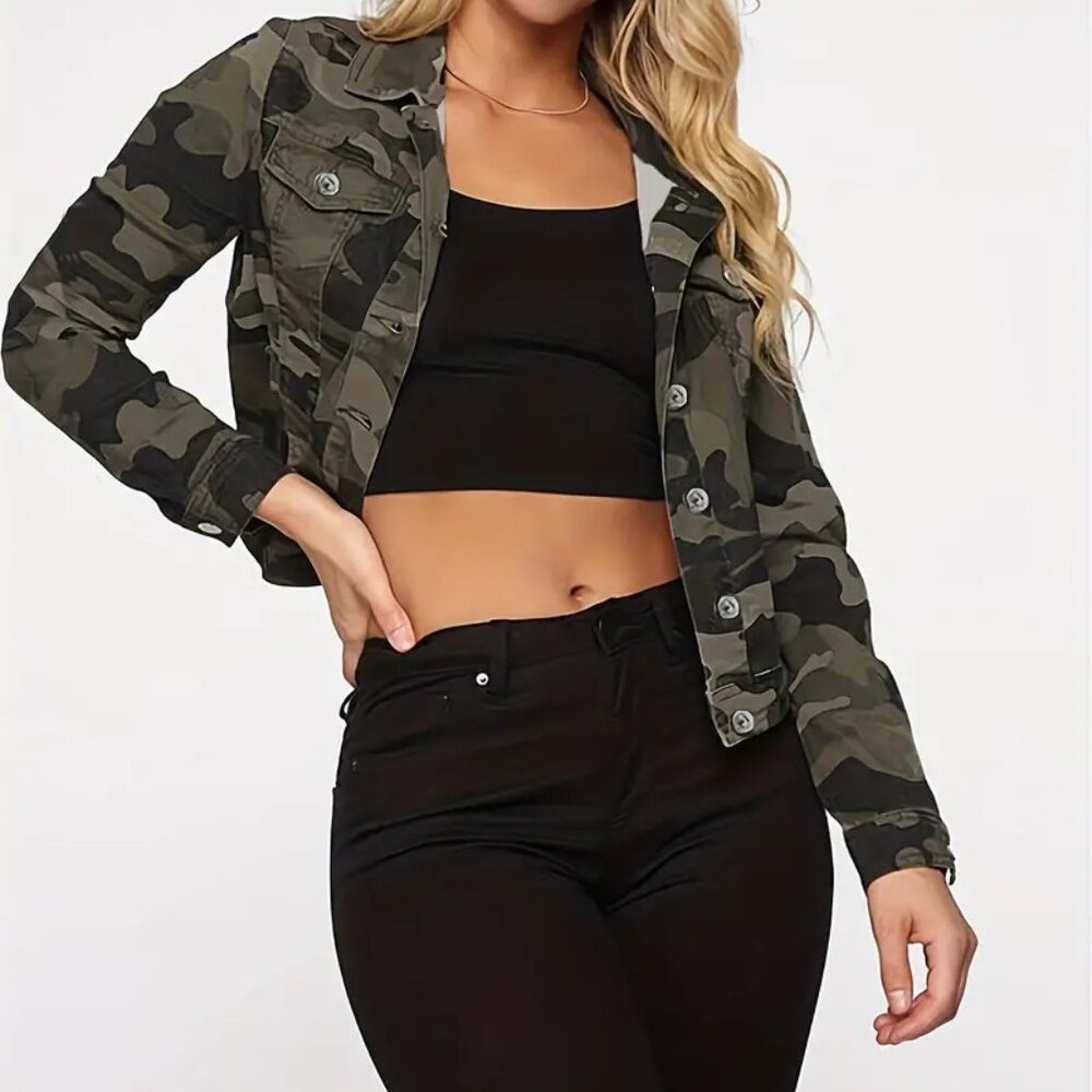 Washed Camo Denim Jacket (Color: ARMY GREEN)